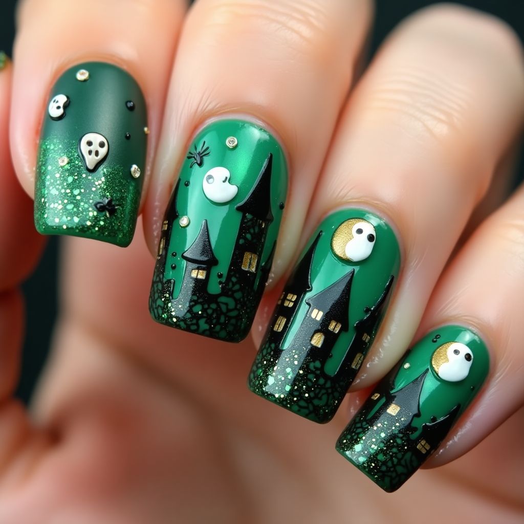 Emerald Green Halloween Nail Design