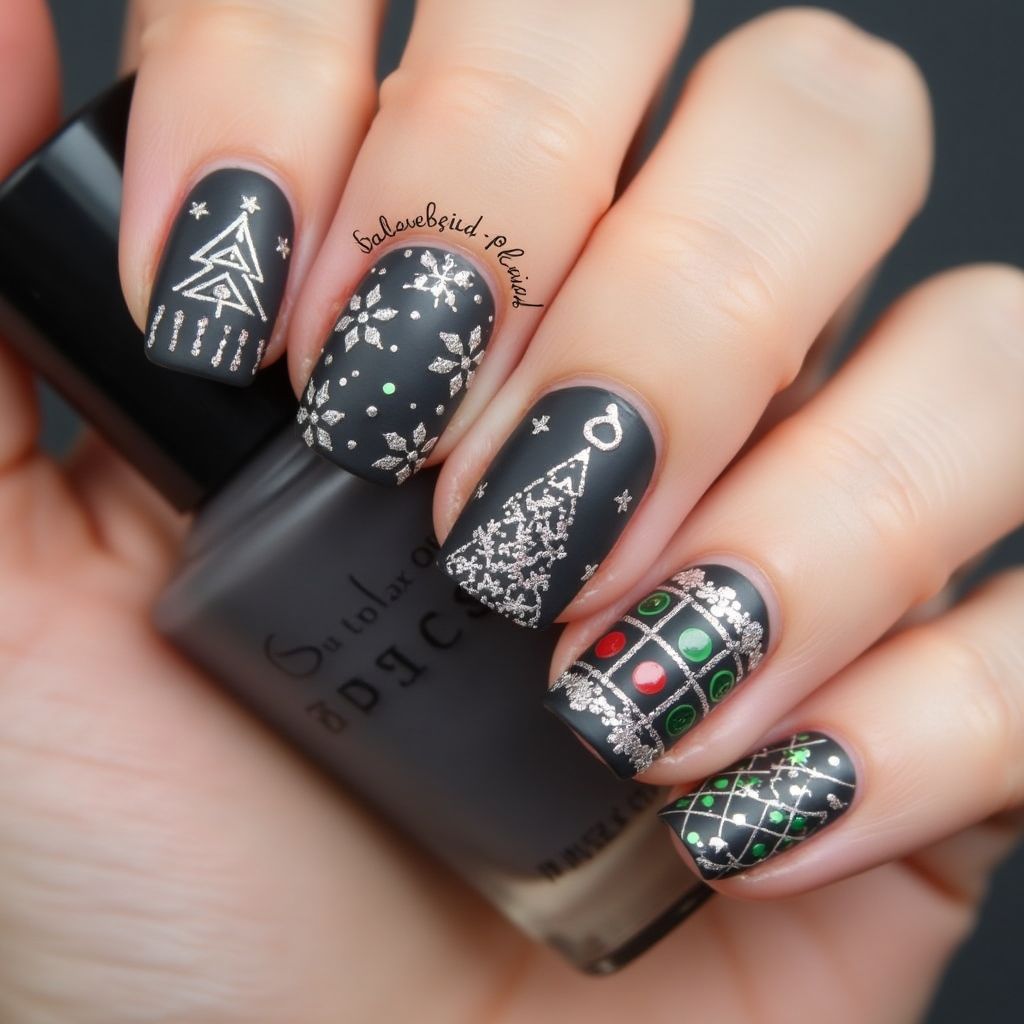 Charcoal Gray Christmas Nail Design