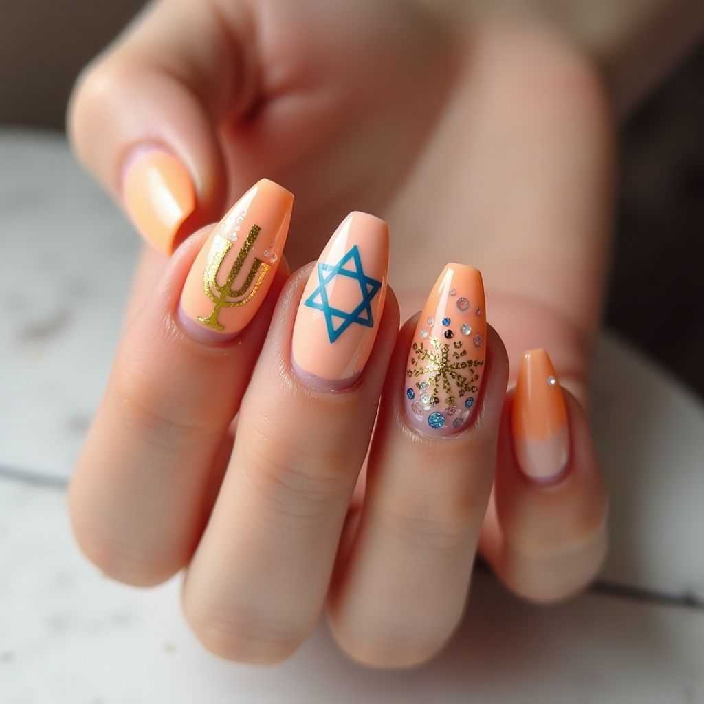 Peach Hanukkah Nail Design