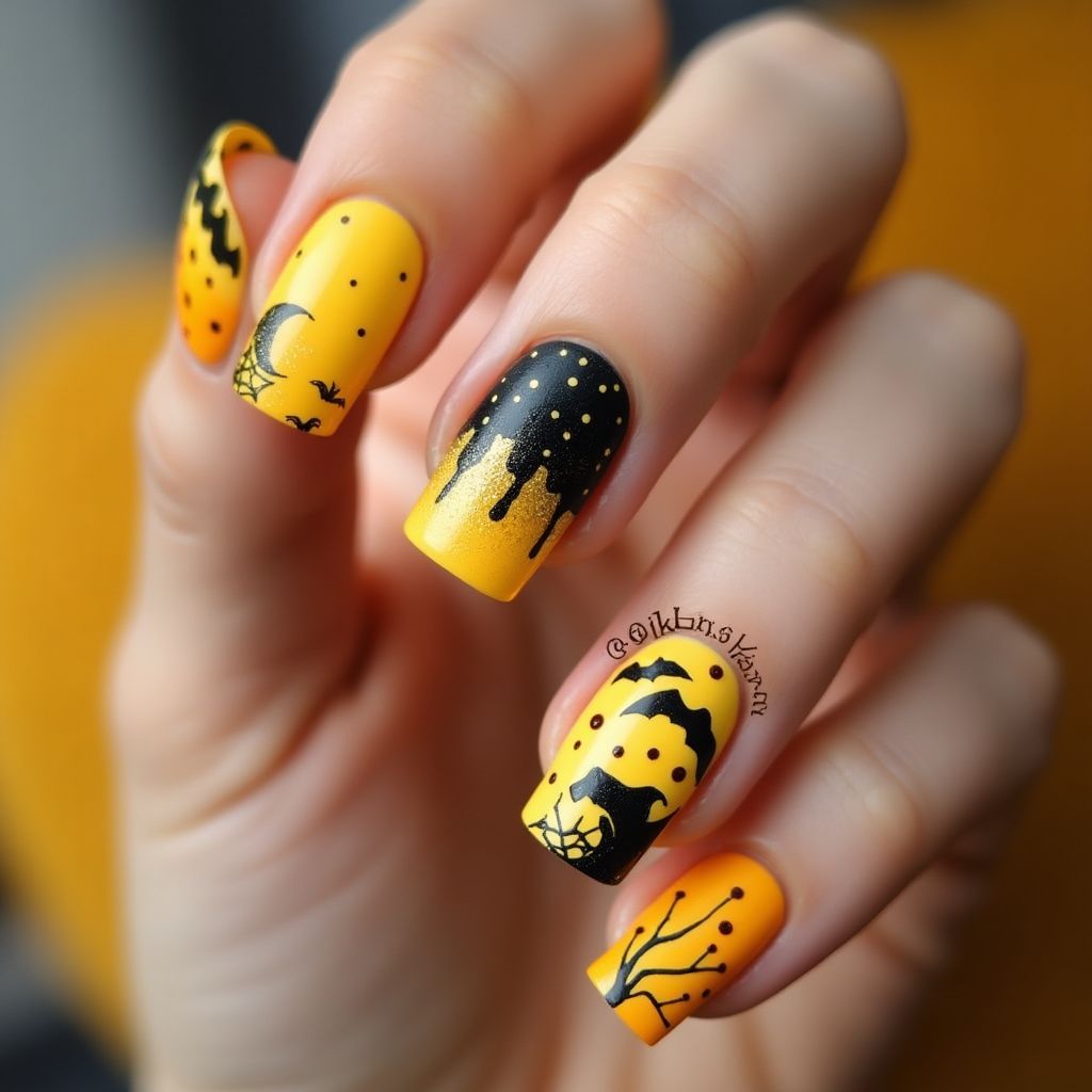 Yellow Halloween Nail Design