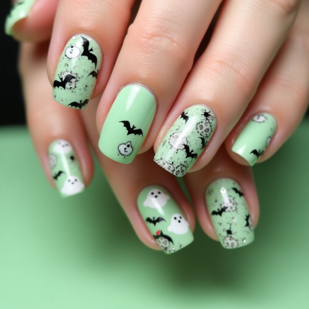 Pastel Green Halloween Nail Design