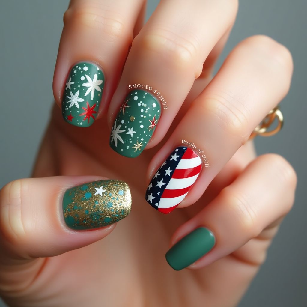 Olive Green 4th Of July Nail Design