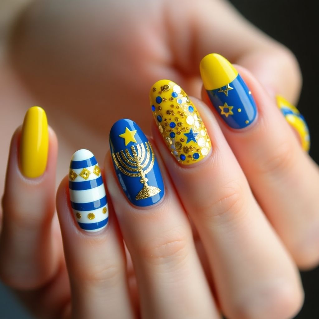 Yellow Hanukkah Nail Design