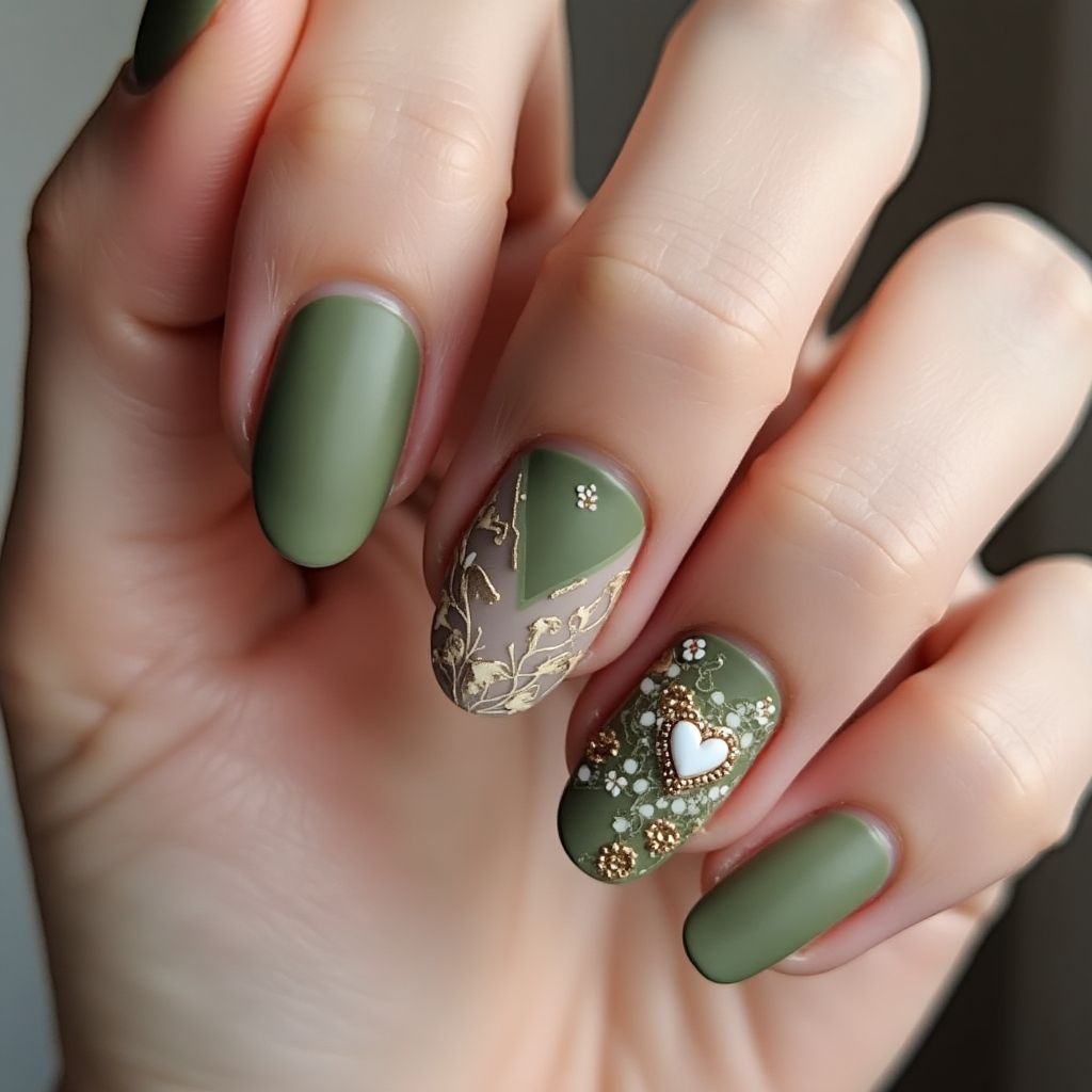 Olive Green Valentine's Day Nail Design