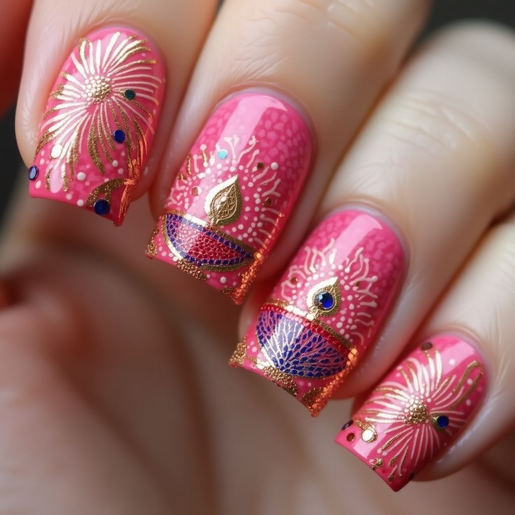 Pink Diwali Nail Design