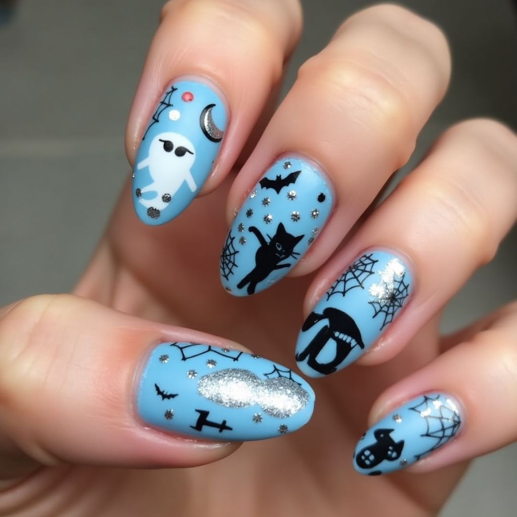 Sky Blue Halloween Nail Design
