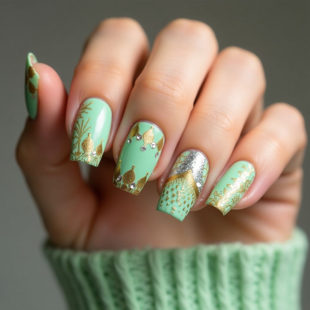 Pastel Green Diwali Nail Design