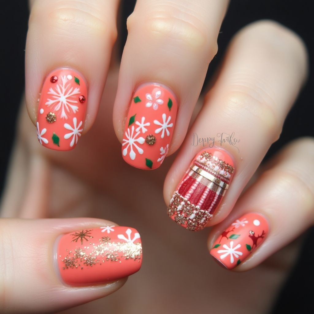 Coral Christmas Nail Design