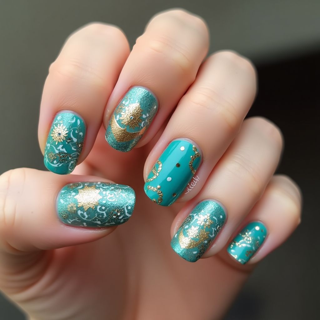 Turquoise Diwali Nail Design