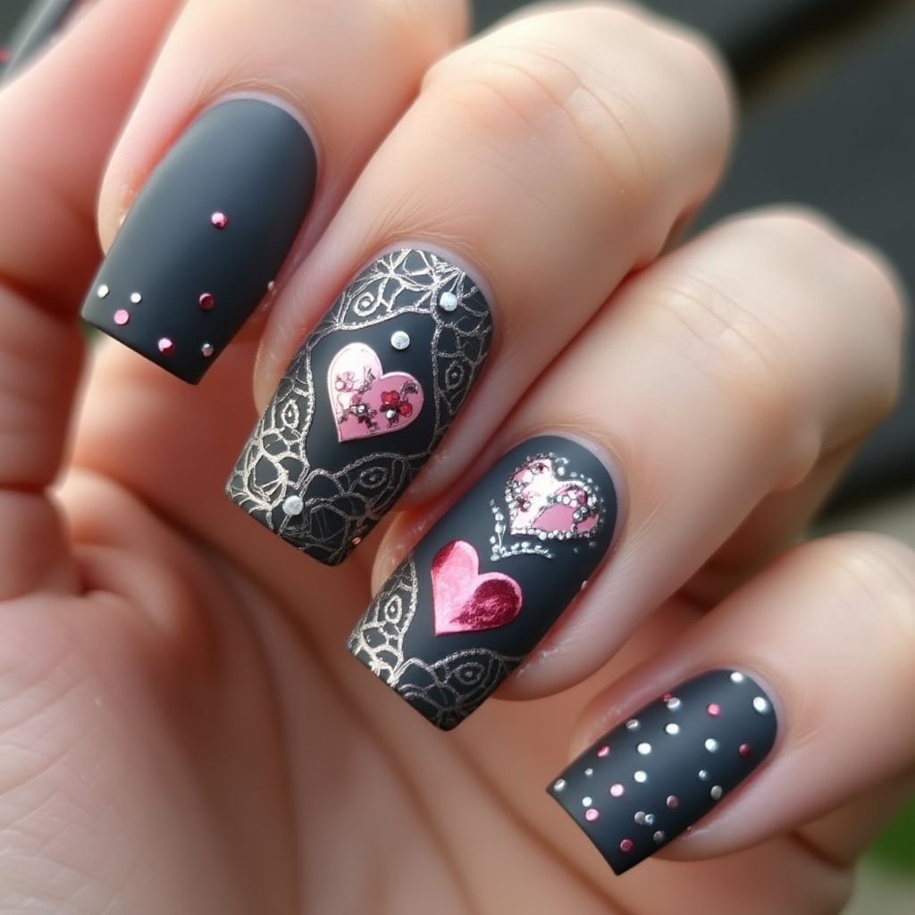 Charcoal Gray Valentine's Day Nail Design