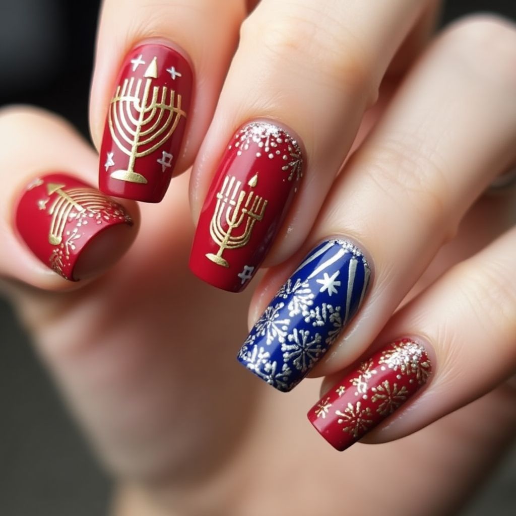 Red Hanukkah Nail Design