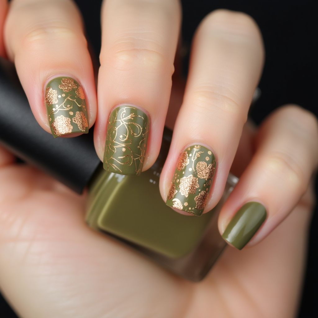 Olive Green Thanksgiving Nail Design