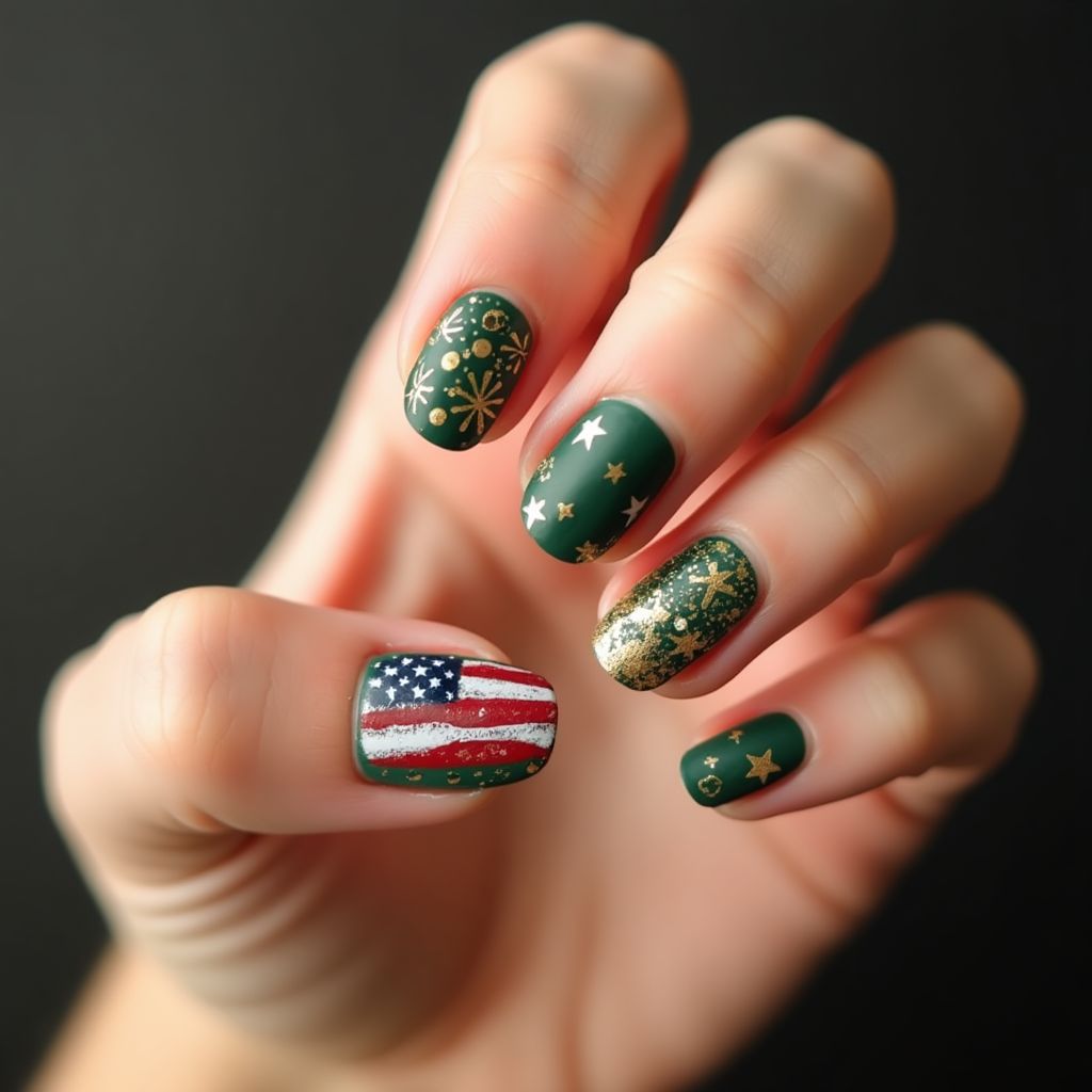 Olive Green 4th Of July Nail Design