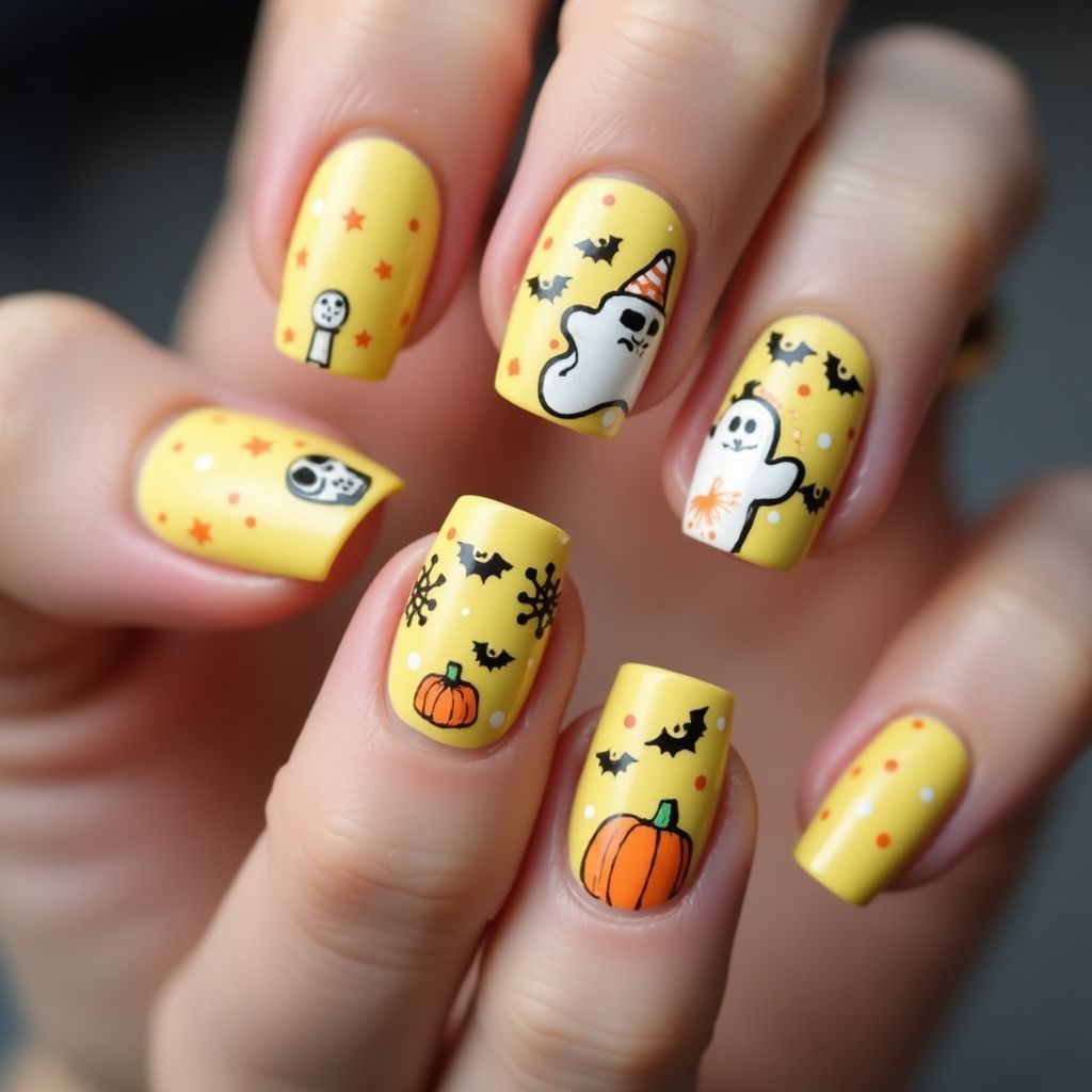 Pastel Yellow Halloween Nail Design