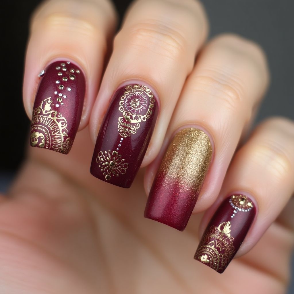 Wine Diwali Nail Design