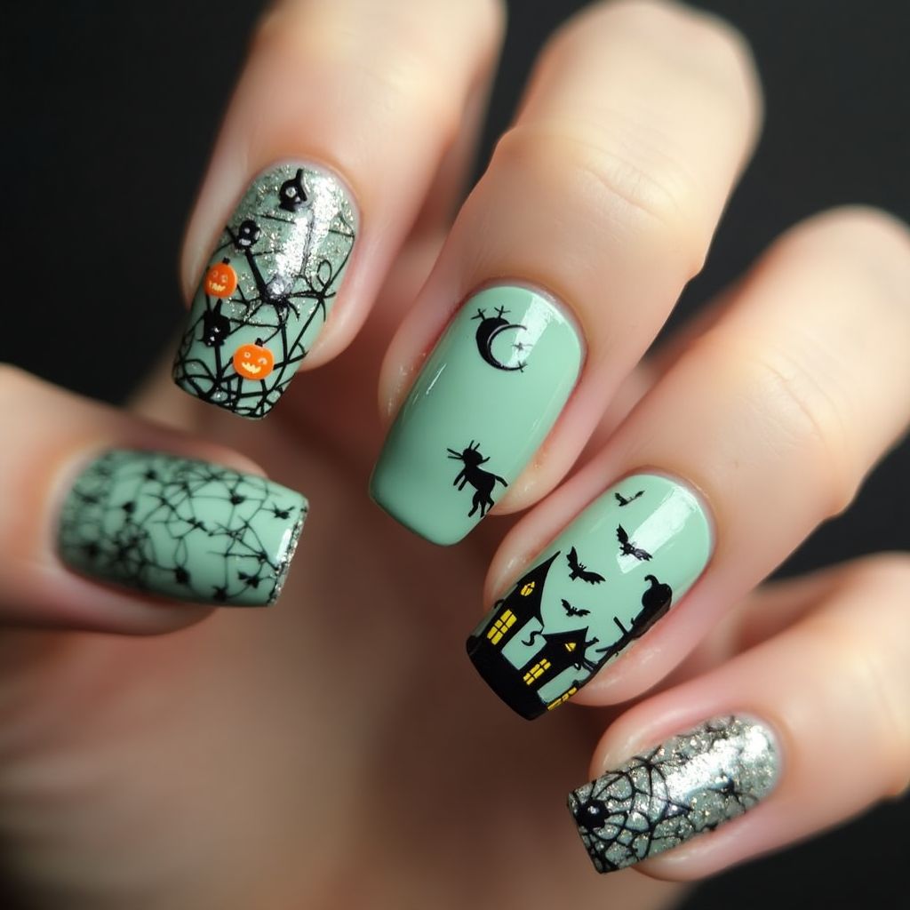 Mint Green Halloween Nail Design