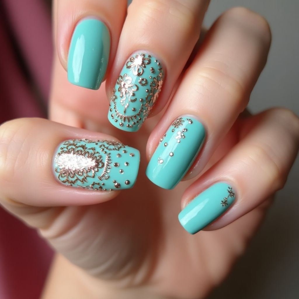 Turquoise Valentine's Day Nail Design