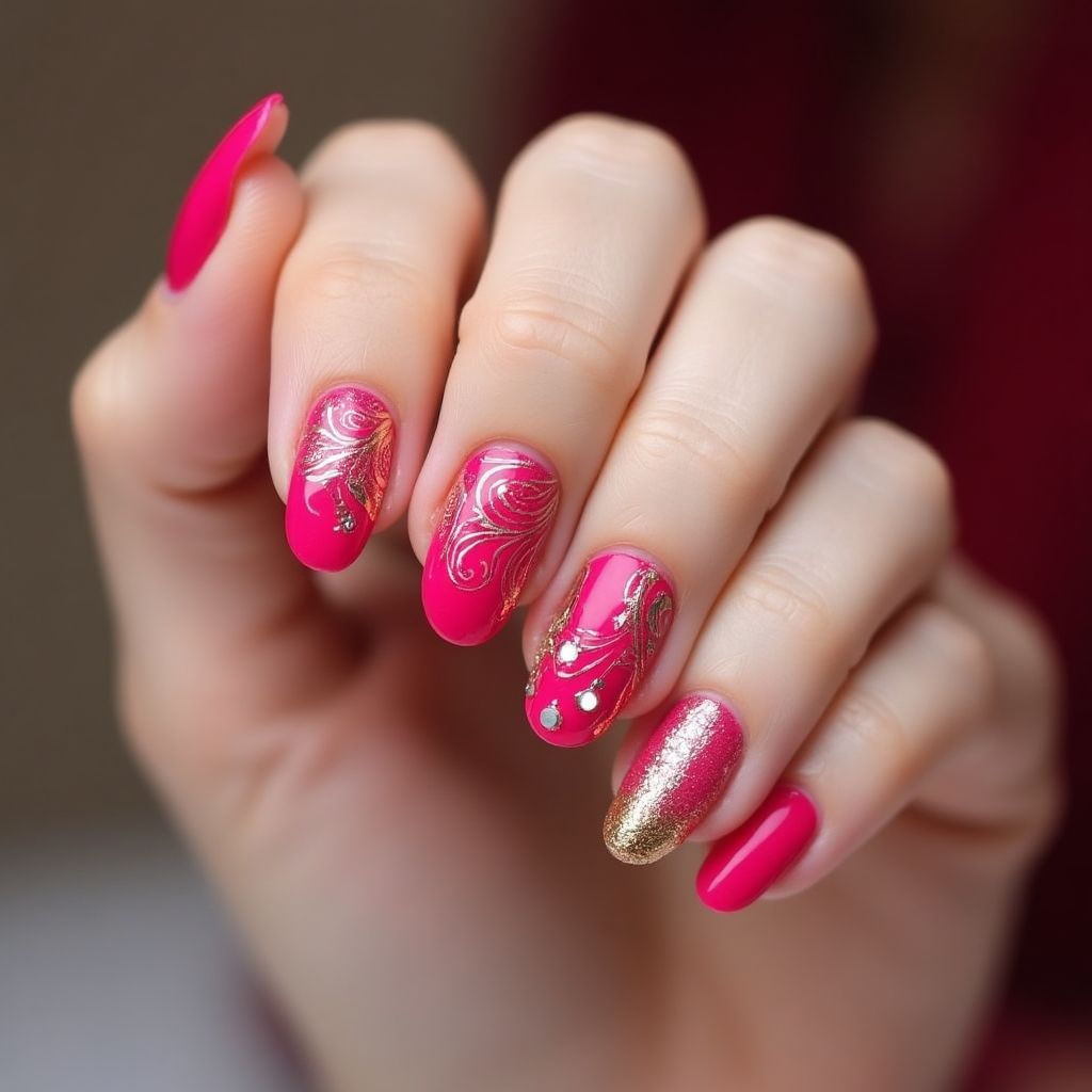 Hot Pink Diwali Nail Design
