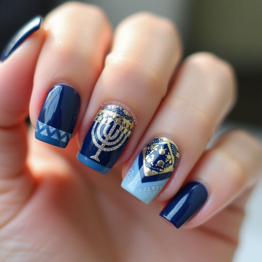 Navy Blue Hanukkah Nail Design