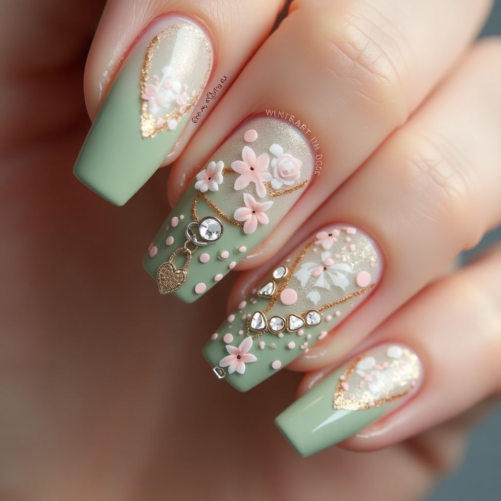 Olive Green Mother's Day Nail Design