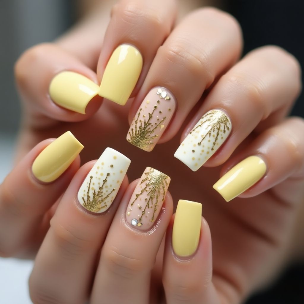 Pastel Yellow New Year Nail Design