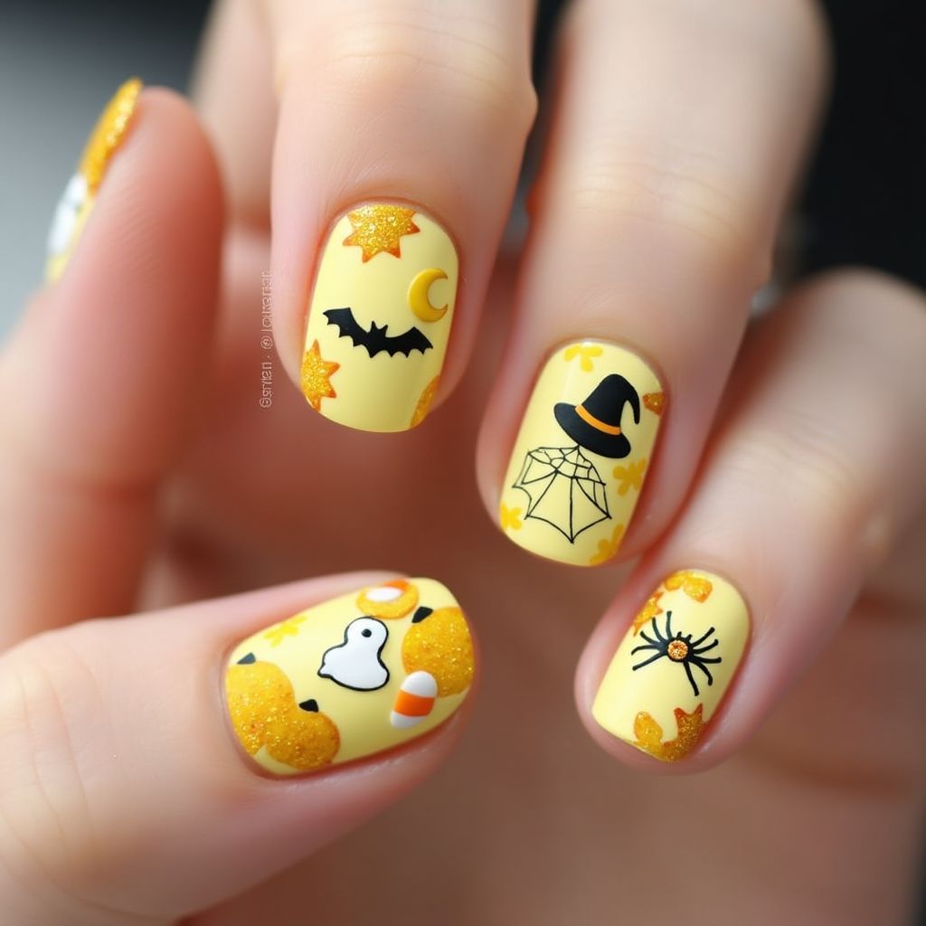 Pastel Yellow Halloween Nail Design