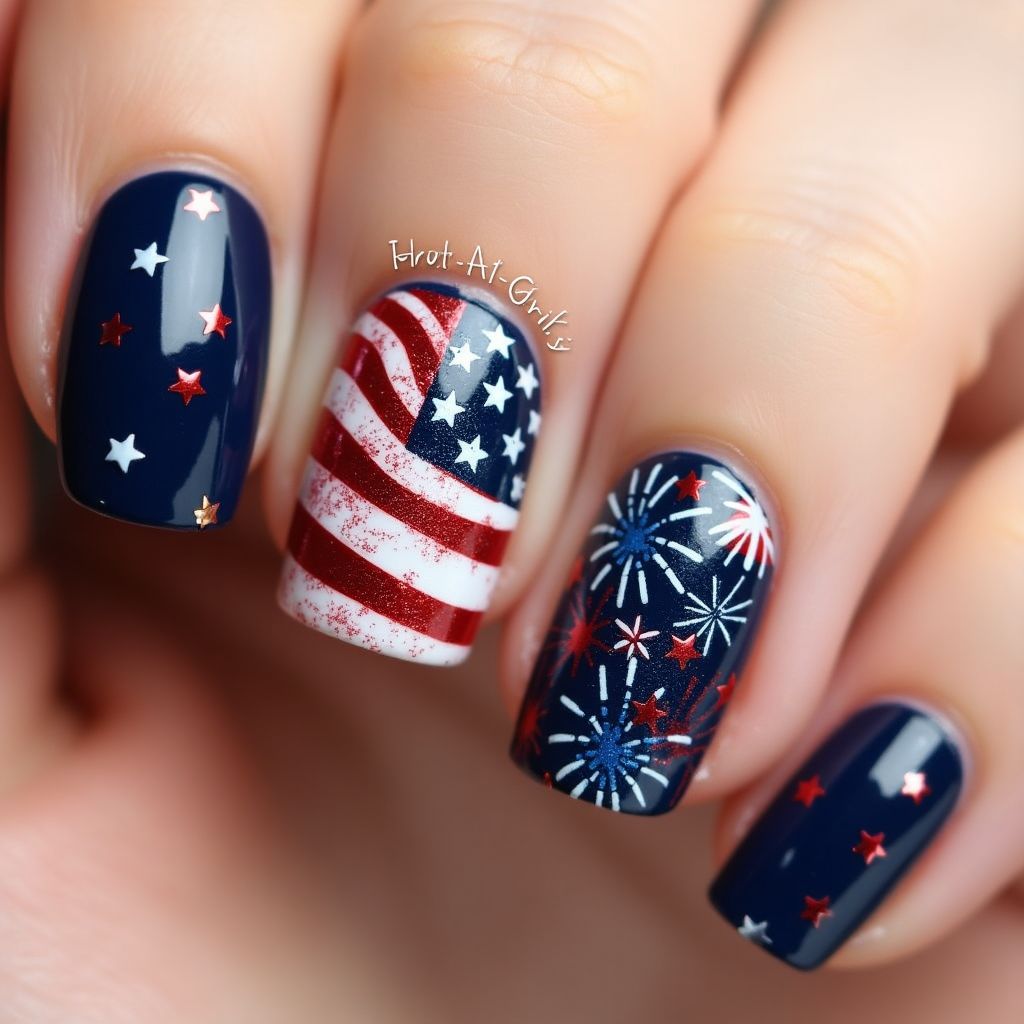 Navy Blue 4th Of July Nail Design