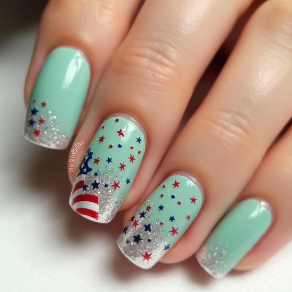 Pastel Green 4th Of July Nail Design