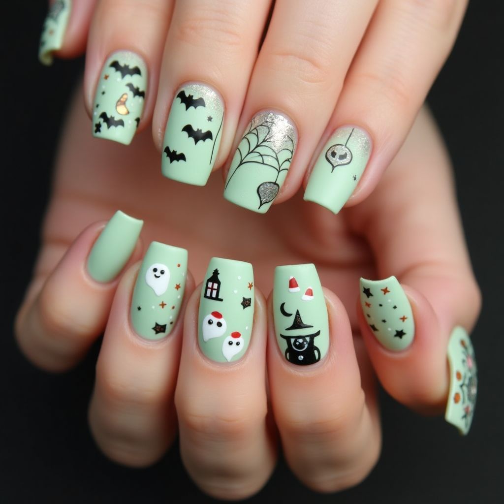 Pastel Green Halloween Nail Design