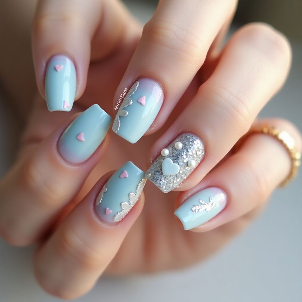 Baby Blue Valentine's Day Nail Design