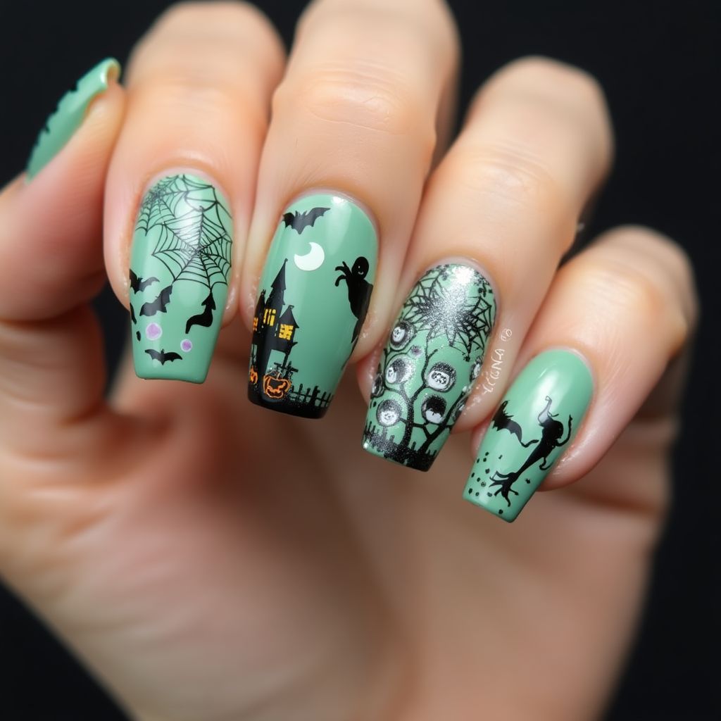 Mint Green Halloween Nail Design