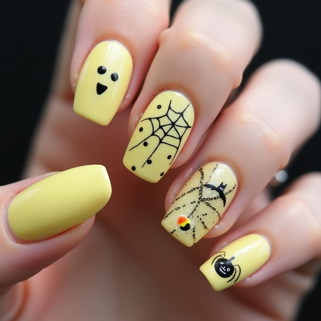 Pastel Yellow Halloween Nail Design