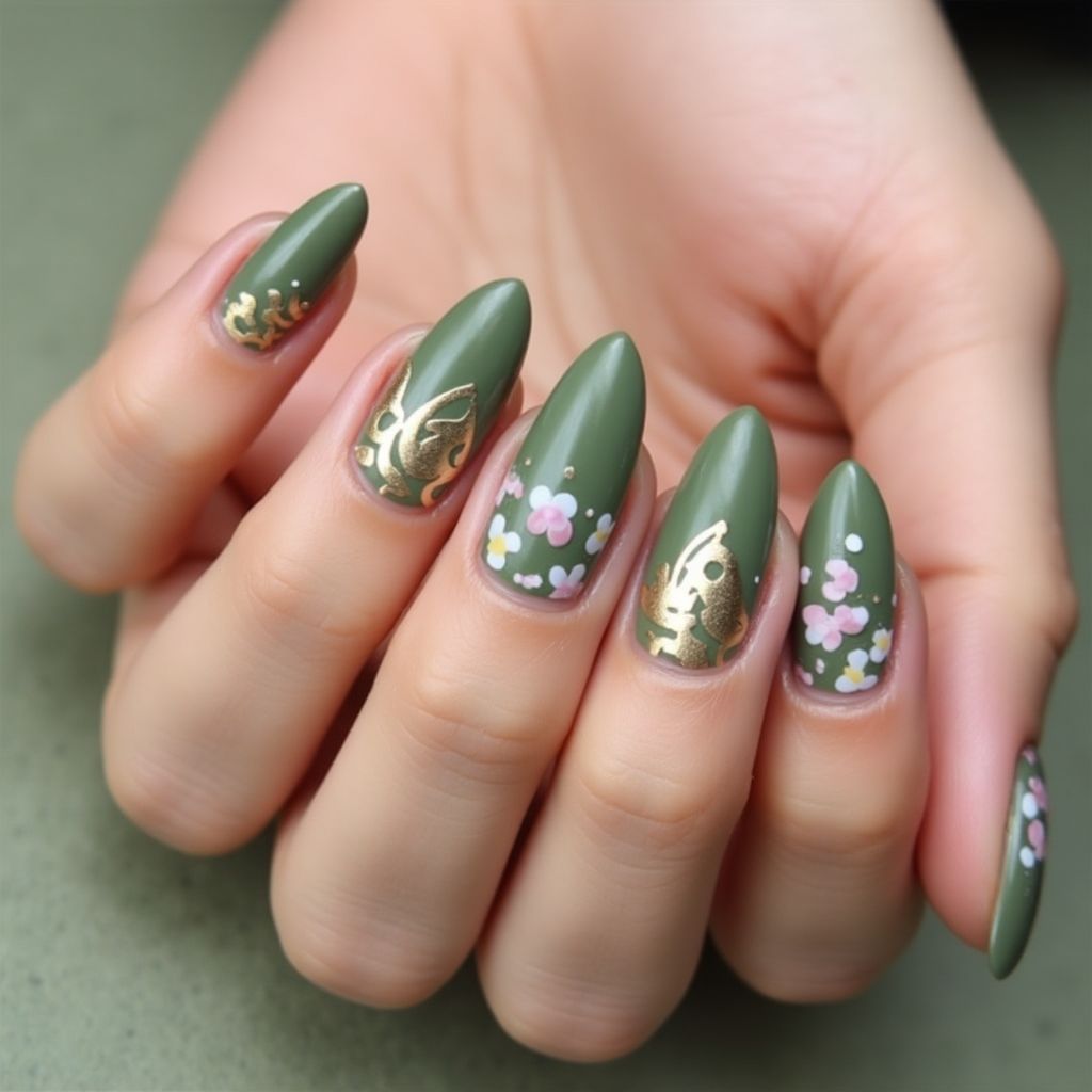 Olive Green Easter Nail Design