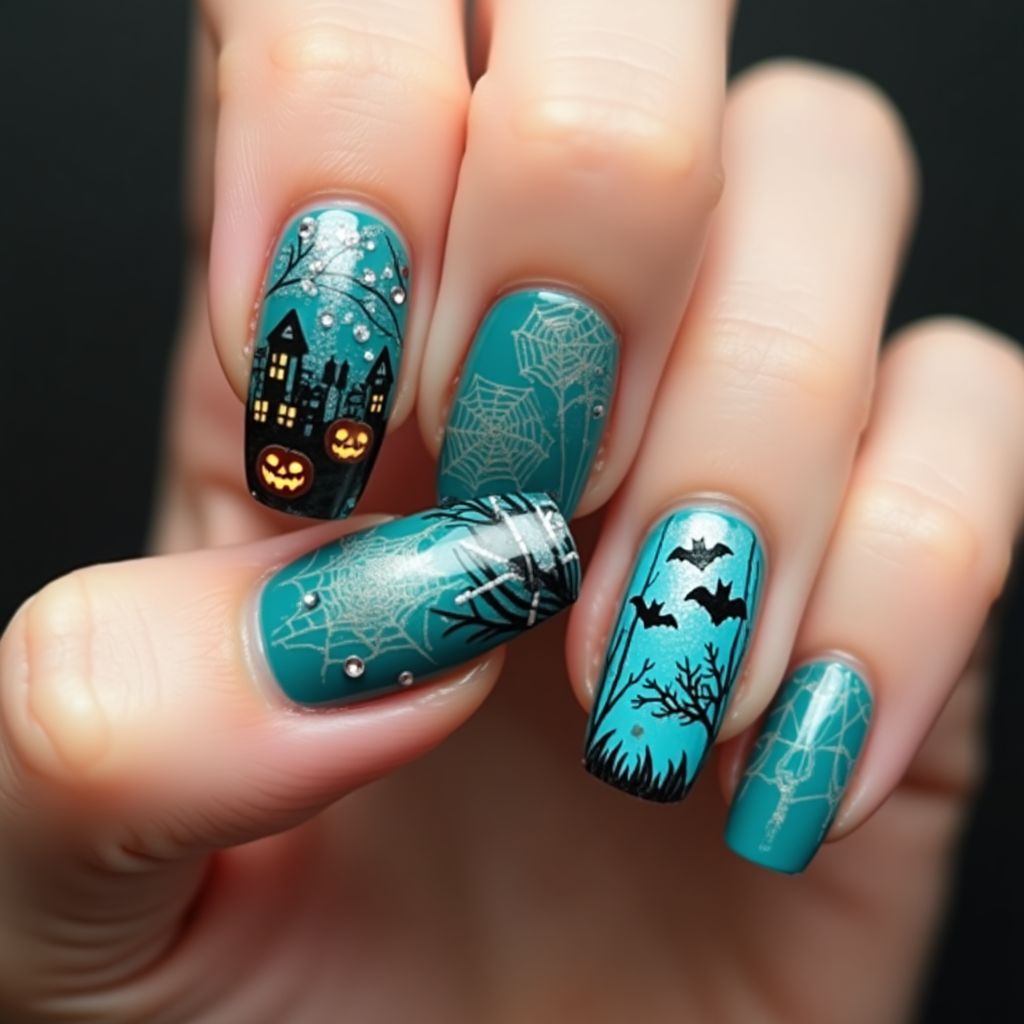 Teal Halloween Nail Design