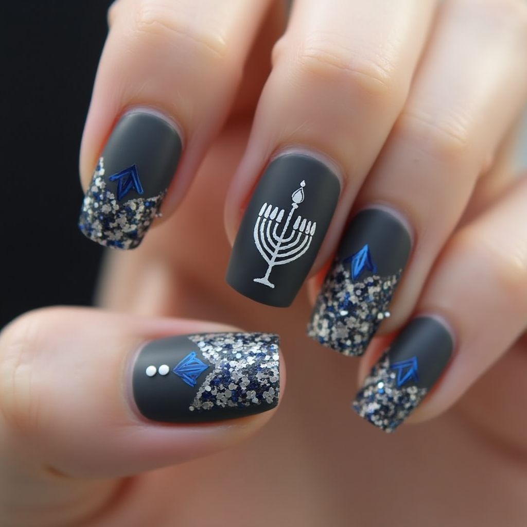 Charcoal Gray Hanukkah Nail Design