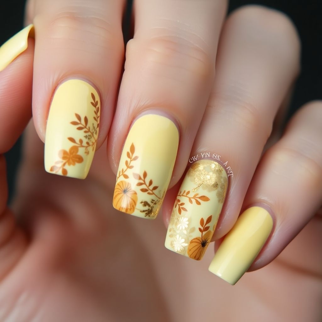Pastel yellow Autumn Nail Design