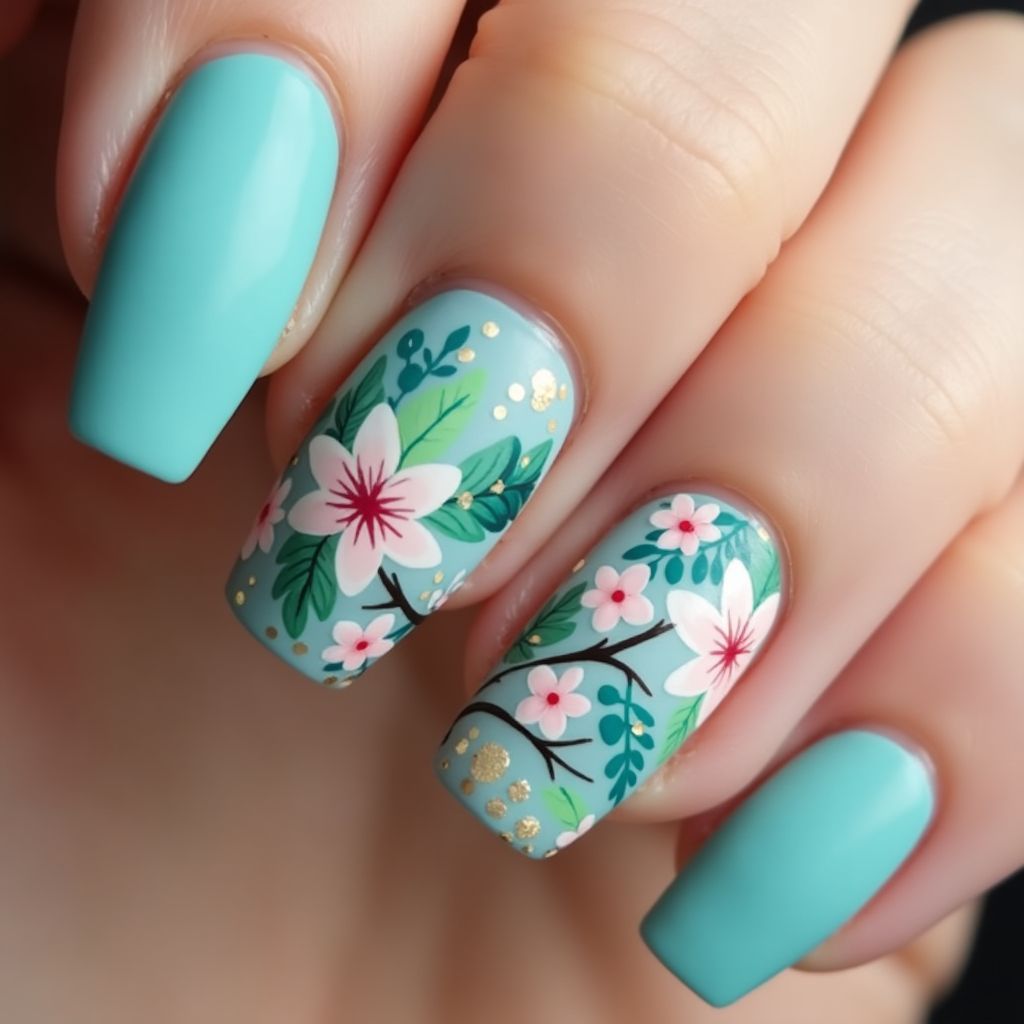 Turquoise Spring Nail Design