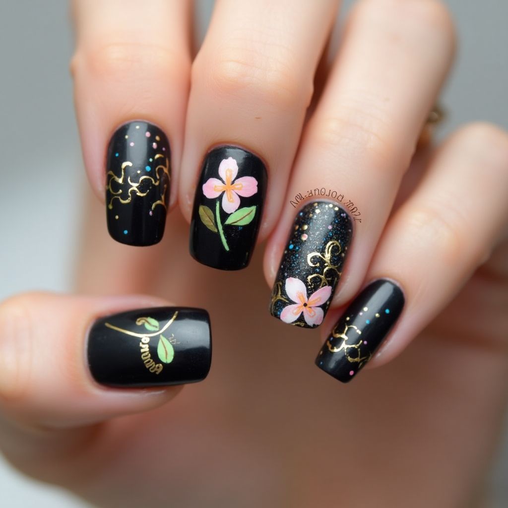 Black Spring Nail Design