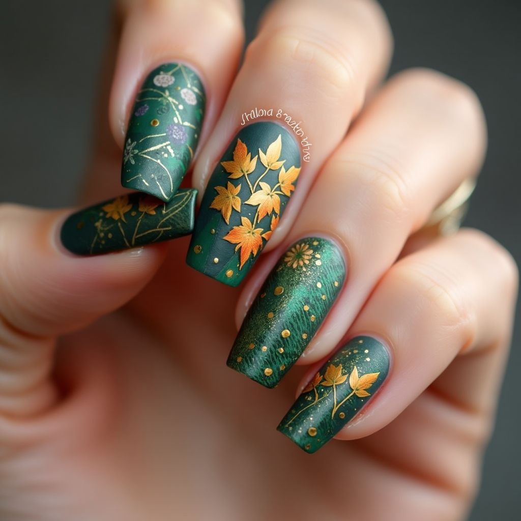 Emerald Green Autumn Nail Design