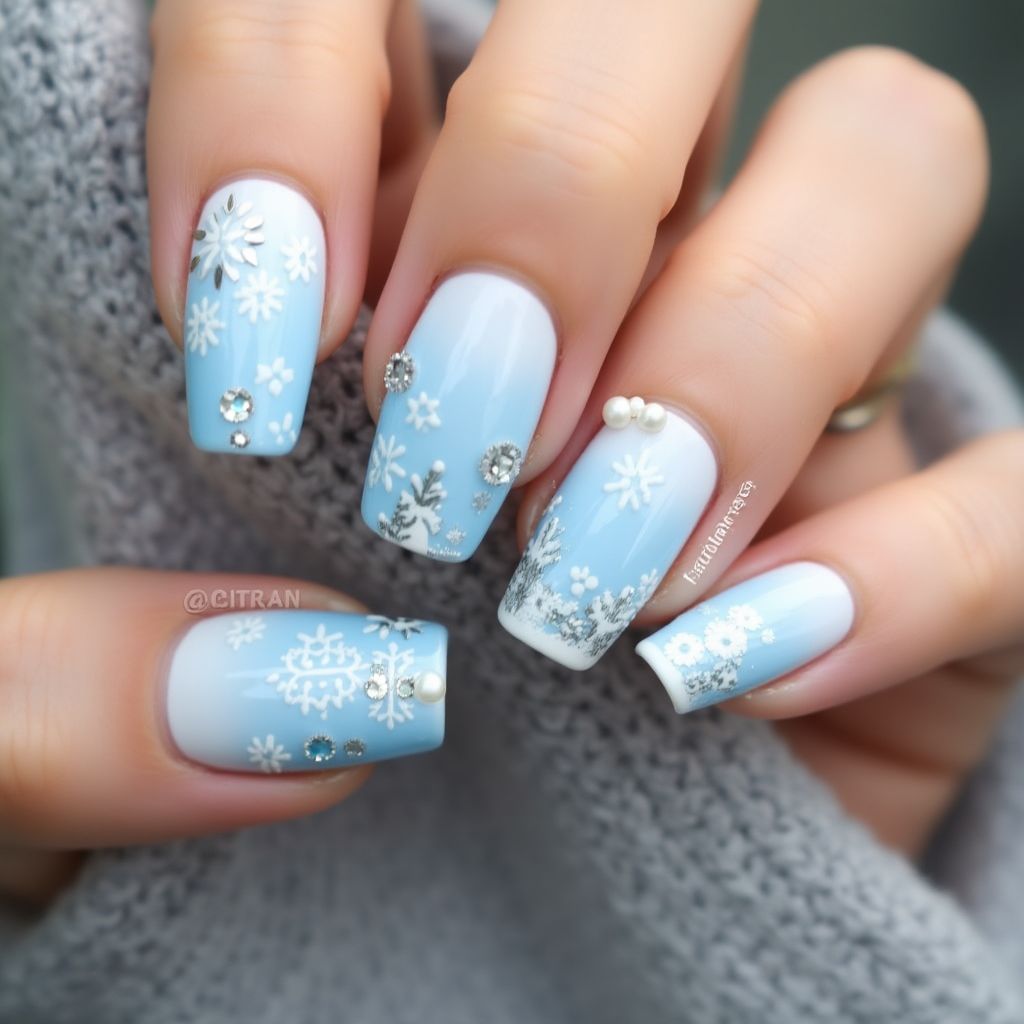 Pastel Blue Winter Nail Design