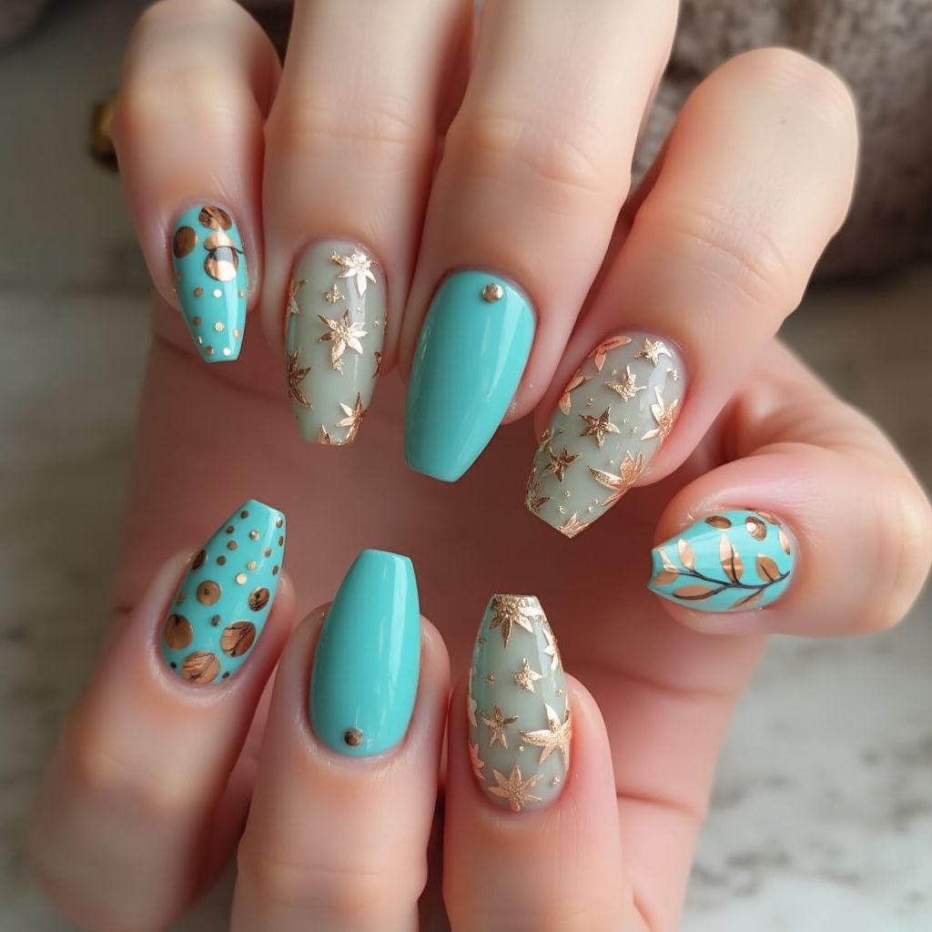 Turquoise Autumn Nail Design