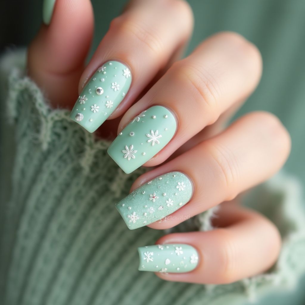 Pastel Green Winter Nail Design