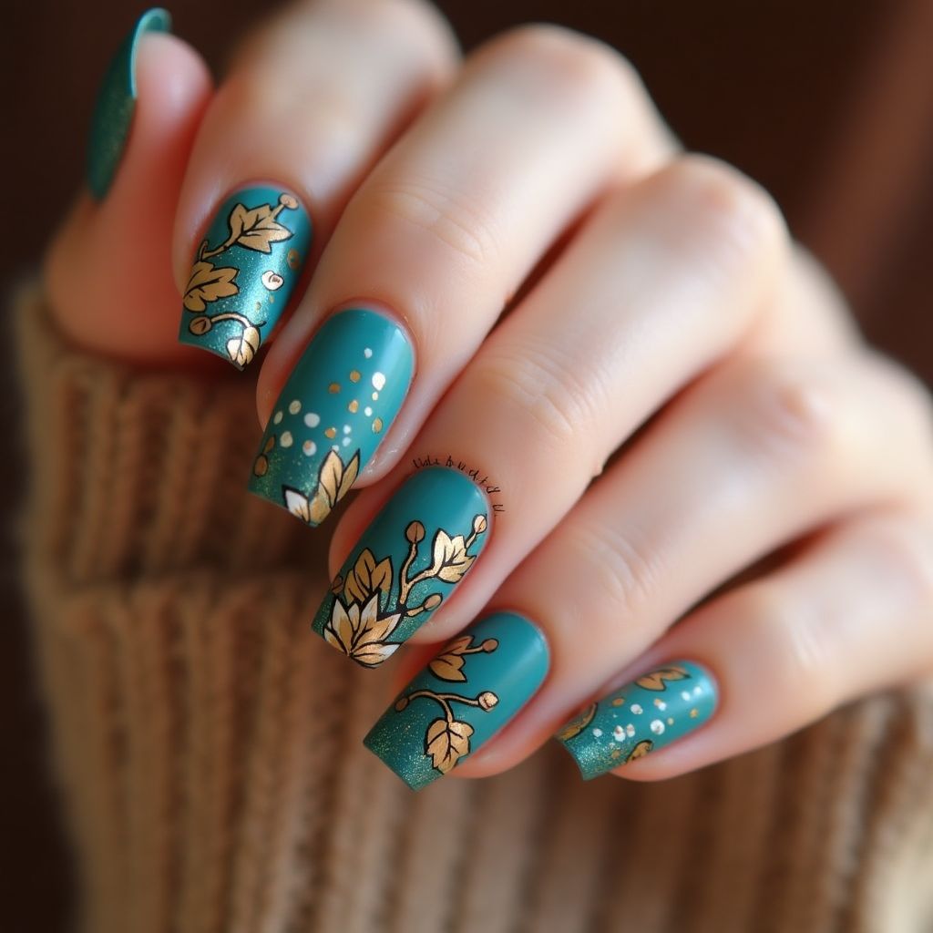 Turquoise Autumn Nail Design