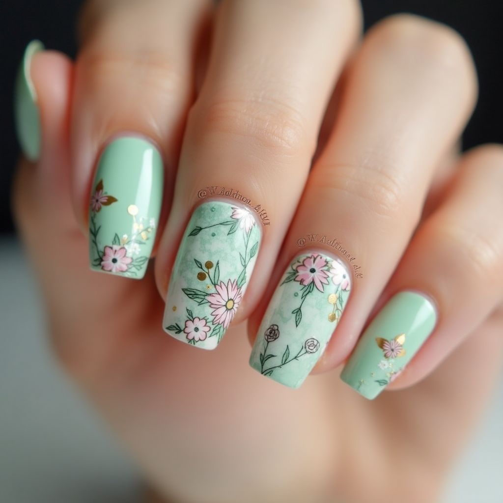 Pastel Green Spring Nail Design