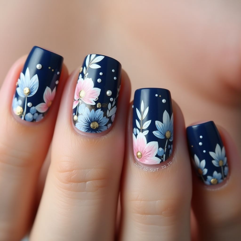 Navy Blue Spring Nail Design