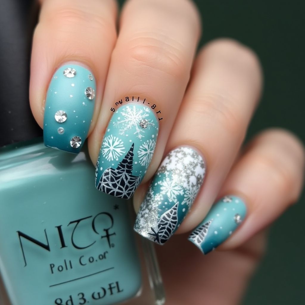 Teal Winter Nail Design
