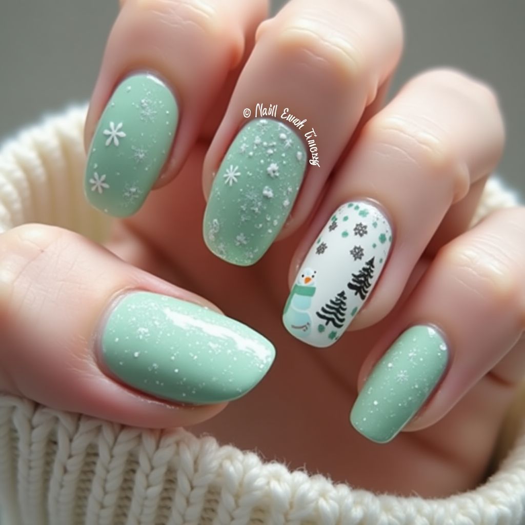 Pastel Green Winter Nail Design