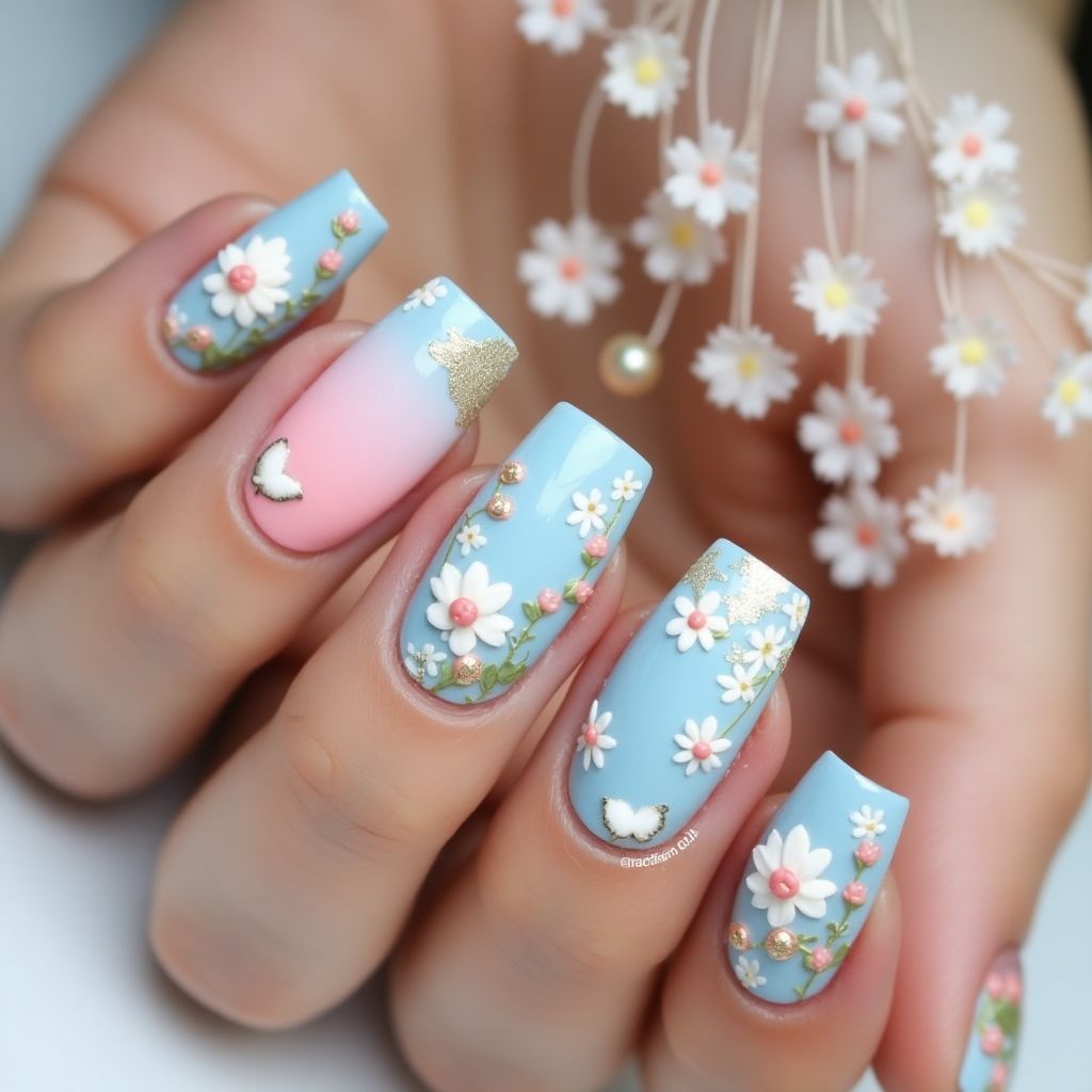 Pastel Blue Spring Nail Design