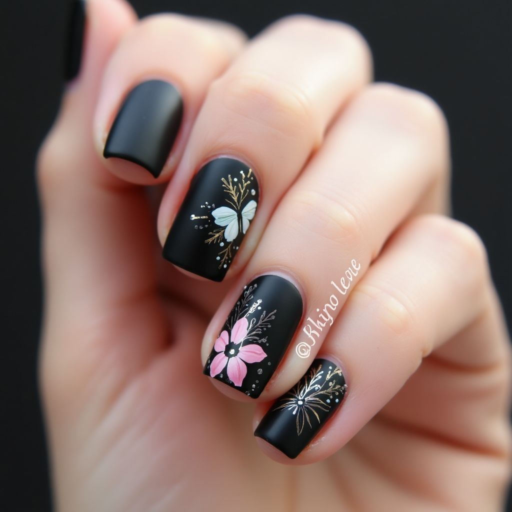 Black Spring Nail Design