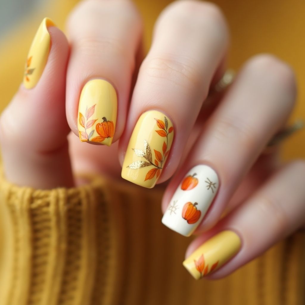 Pastel Yellow Autumn Nail Design